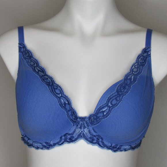 Natori Blue Feathers Plunge Lace Contour Underwire Bra 34DD - Picture 1 of 9